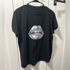 Black T-Shirt with Graphic Lips Design